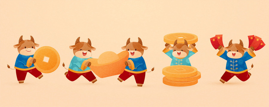 可愛生肖牛與紅包金元寶插圖