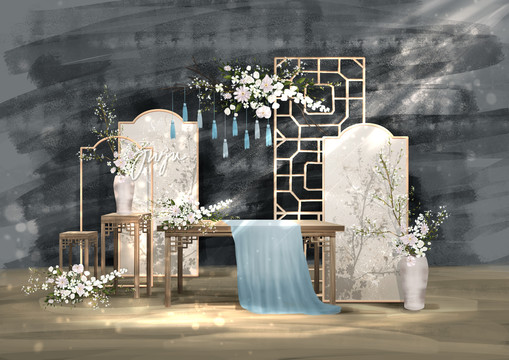 香檳色藍(lán)色小清新中式婚禮效果圖