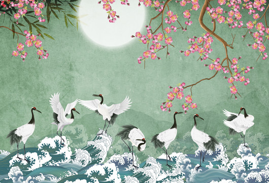 梅花仙鶴海浪背景墻