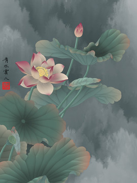 荷花手繪工筆花鳥畫
