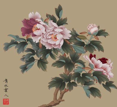 牡丹手繪工筆花鳥畫