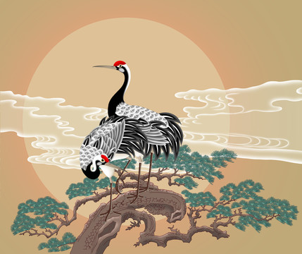 仙鶴祥云古松圖