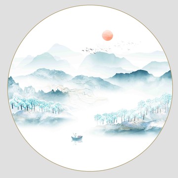 意境圆形山水装饰挂画壁画