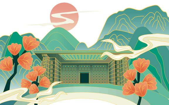 中國(guó)風(fēng)古風(fēng)插畫風(fēng)景山川建筑橫版