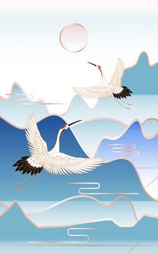 國潮插畫山峰仙鶴云霧手機豎版