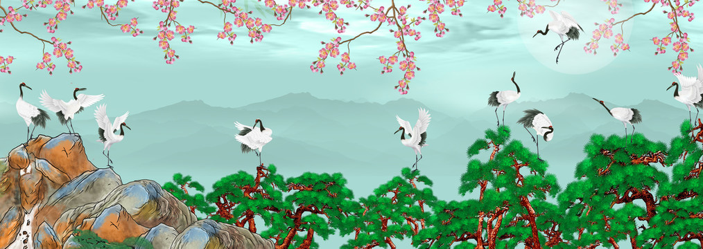 松樹梅花仙鶴背景墻