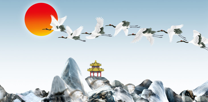 煙霧禪意數(shù)字水墨仙鶴