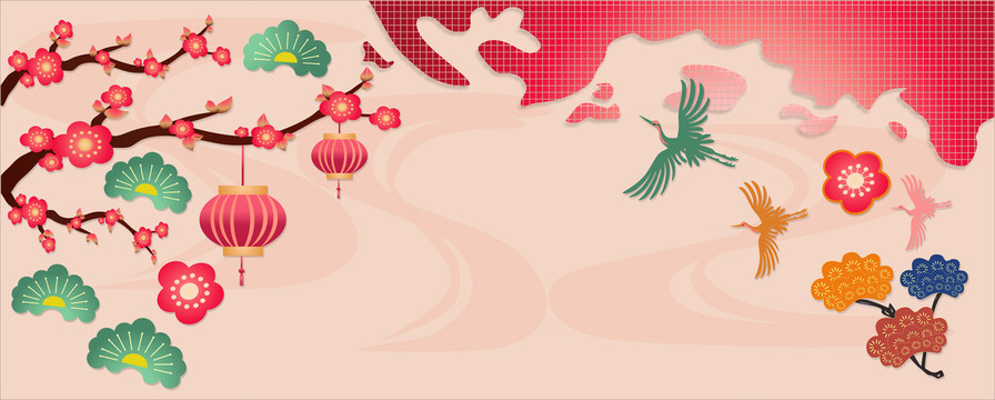 仙鶴梅花插畫藝術(shù)
