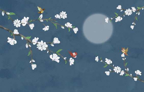 典雅國(guó)風(fēng)花鳥背景墻裝飾畫