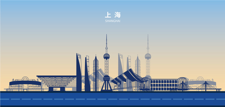 上海剪影地标建筑风光元素手绘
