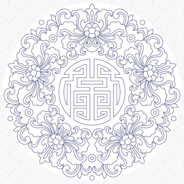五福寶相花矢量單線