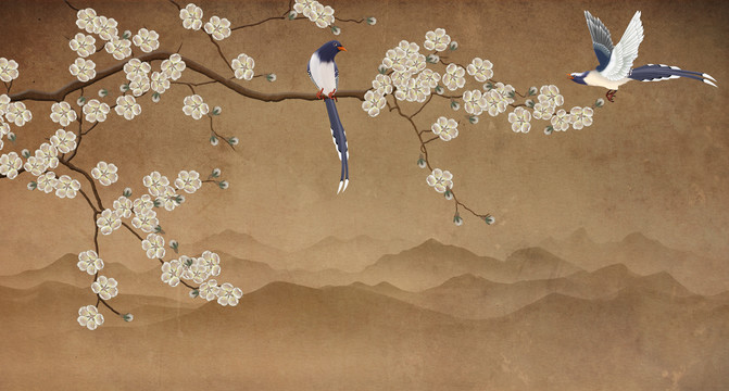 梅花花鳥背景墻藍(lán)鵲