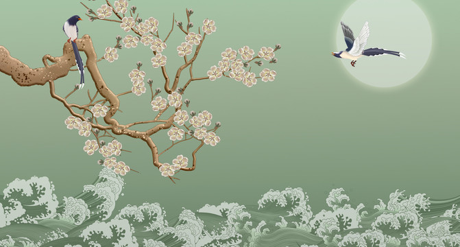 梅花花鳥背景墻藍(lán)鵲