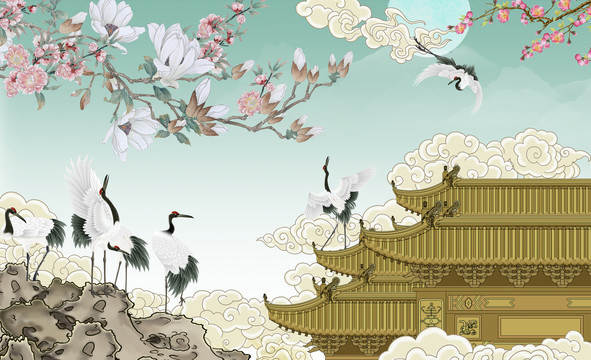玉蘭花鳥仙鶴
