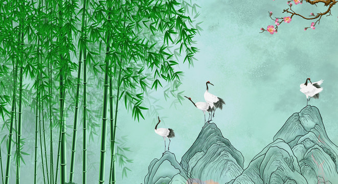 手繪竹子仙鶴