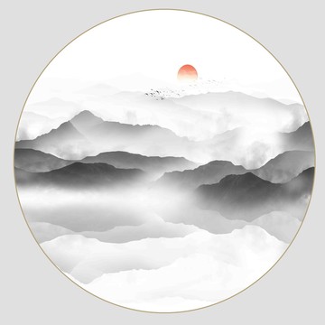 黑白水墨圓形裝飾畫