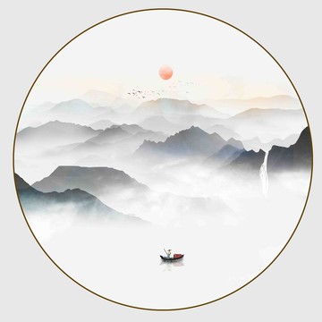 水墨禪意圓形山水壁畫(huà)