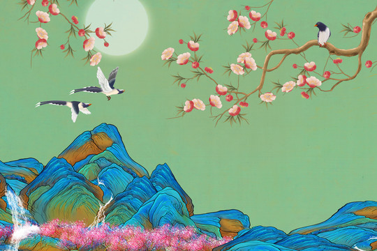 青綠山水花鳥(niǎo)梅花
