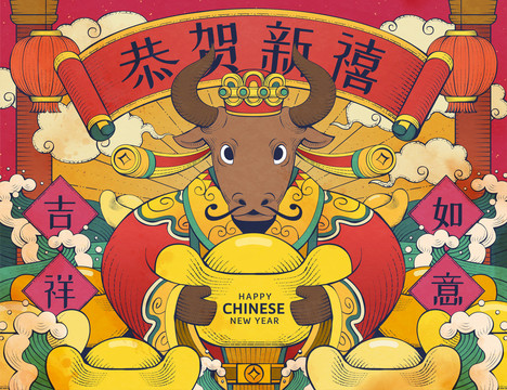 國潮風牛財神賀圖
