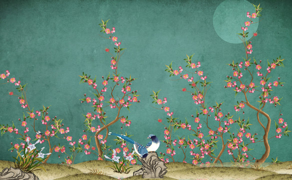 梅花花鳥手繪背景墻