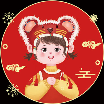 紅色喜慶新年女孩拜年拉花圖