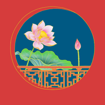 中式圓窗荷花