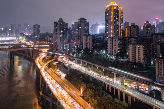 重庆李子坝轻轨城市夜景风光