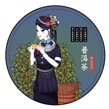 云南少数民族阿昌族普洱茶饼插画