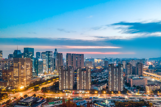 航拍杭州城市建筑夜景