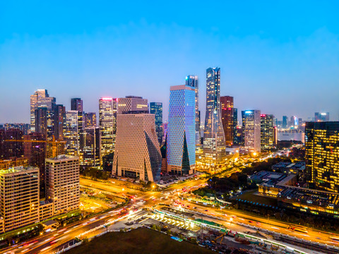 航拍杭州钱江新城夜景