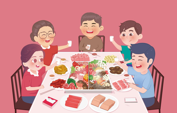 一家人涮火鍋插畫