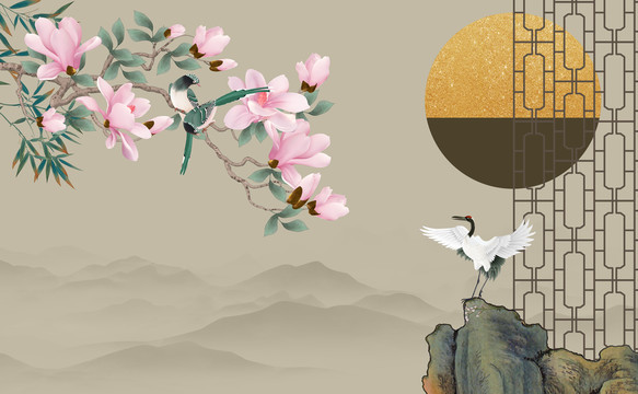 玉蘭窗花仙鶴