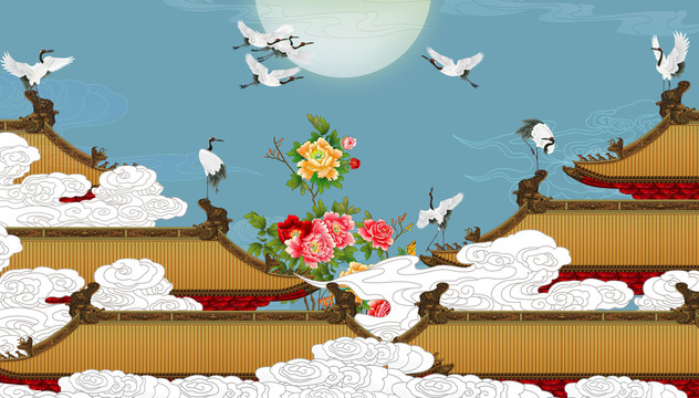 皇宮瑞鶴圖云紋仙鶴背景墻