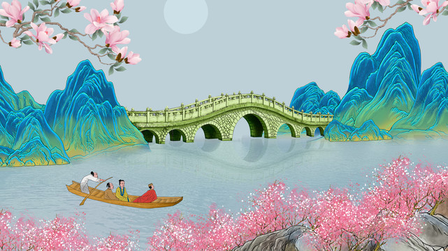 青绿山水拱桥玉兰
