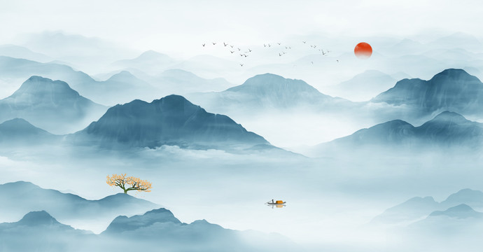 藍(lán)色新中式山水裝飾畫