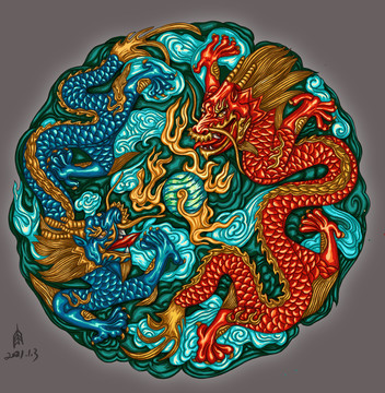 雙龍戲珠手繪