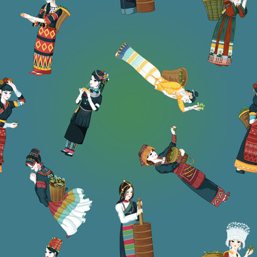 民族風(fēng)女孩無縫拼接服飾背景插畫