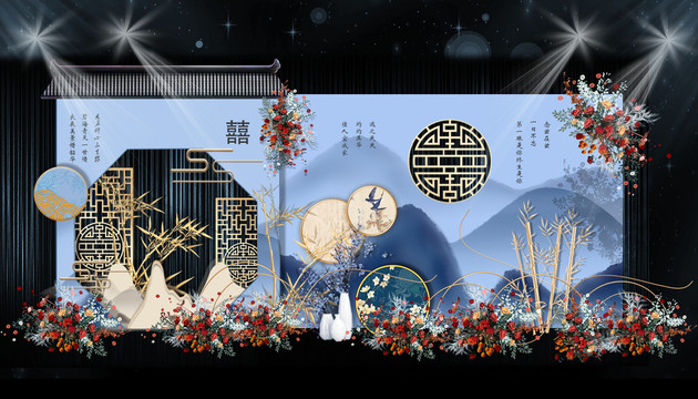 藍(lán)色新中式婚禮迎賓區(qū)