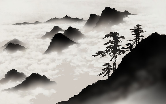 高山云海雾景水墨山水中式装饰画