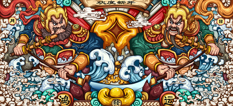 國潮秦叔寶尉遲恭門神春節(jié)插畫