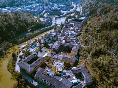 航拍福建永定土楼景区