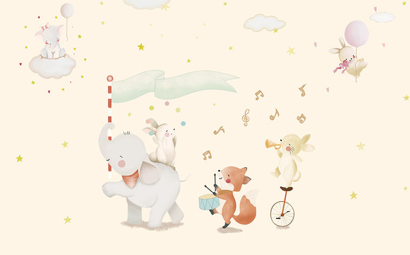 手繪大象動物兒童背景墻
