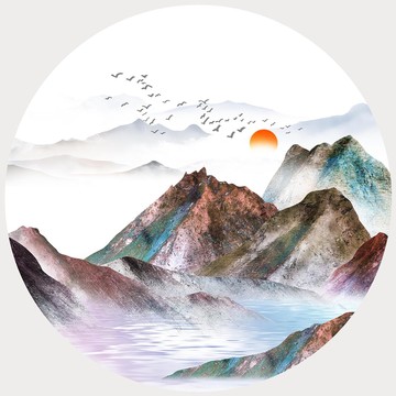 新中式圓形手繪山水無框畫