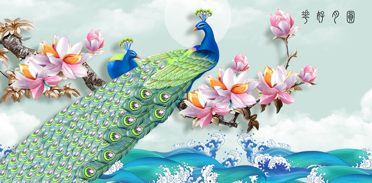 孔雀玉蘭花好月圓3D荷花