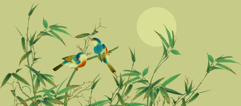 工筆花鳥(niǎo)竹子手繪背景墻高清