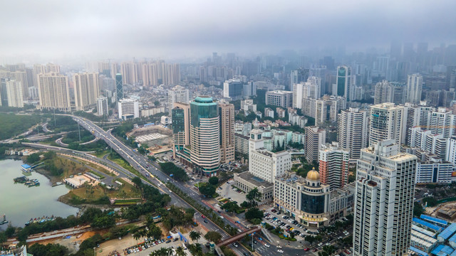 航拍海口建筑景观天际线全景图