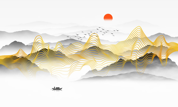 金色線條山水畫