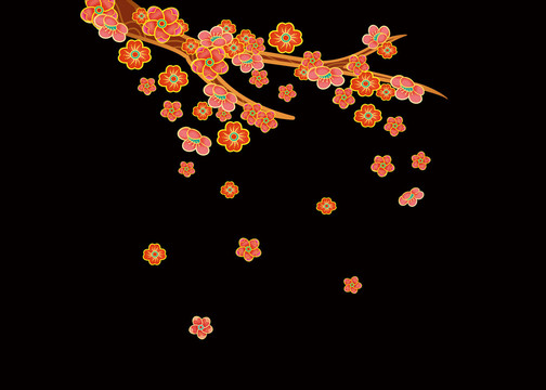卡通中國(guó)風(fēng)金邊梅花樹(shù)枝花朵插畫