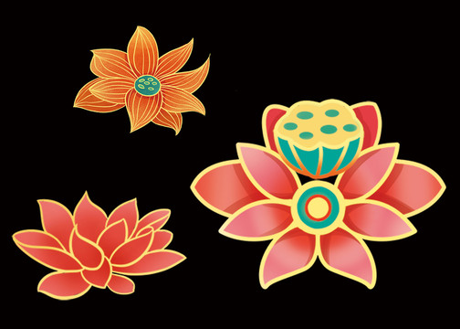 卡通中國(guó)紅金邊蓮花蓮蓬花朵插畫