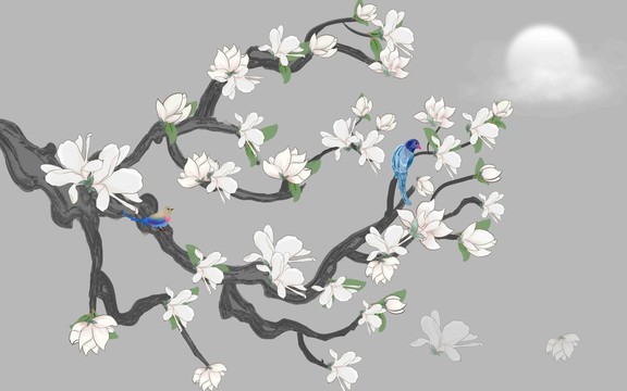 手繪玉蘭花鳥圖
